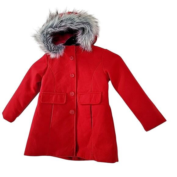 Cat & Jack Girls 5T Red Peacoat Winter Jacket Faux Fur Hood Removable Trim - Picture 2 of 7